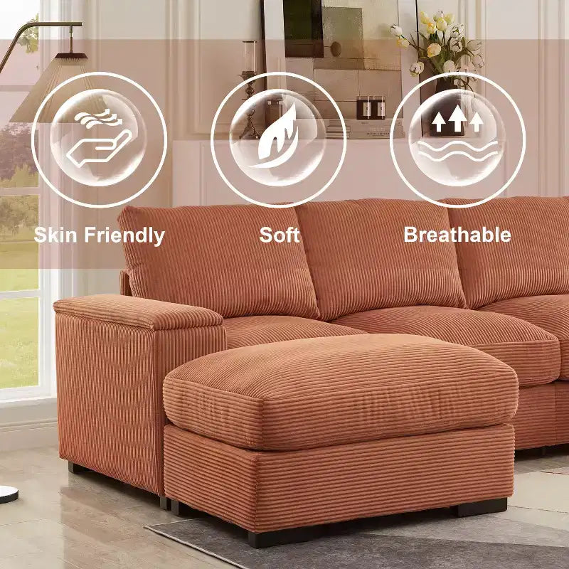 Divano sezionale Dovelina con seduta profonda verde e pouf, 4 posti