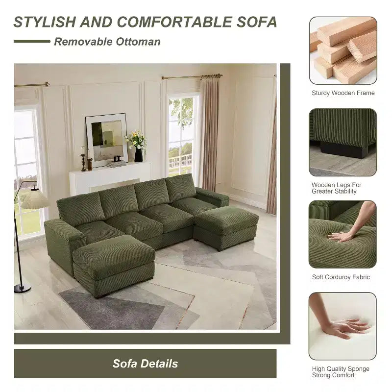 Divano sezionale Dovelina con seduta profonda verde e pouf, 4 posti