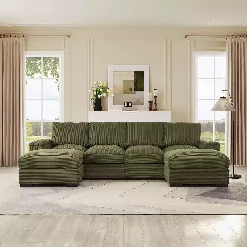 Divano sezionale Dovelina con seduta profonda verde e pouf, 4 posti