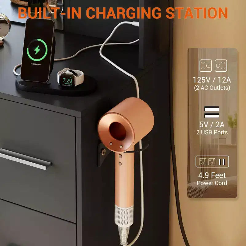 Toeletta con Specchio, Luci a Led, Presa di Corrente e Sgabello, Tavolo da Trucco con 7 Cassetti, Tavolo da Toeletta