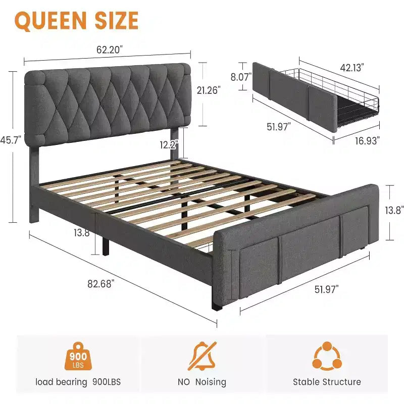 Struttura letto imbottita con piattaforma, Full/Queen/King Size, con 2 cassetti portaoggetti, doghe in legno massiccio, nessuna molla richiesta, silenziosa