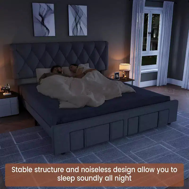 Struttura letto imbottita con piattaforma, Full/Queen/King Size, con 2 cassetti portaoggetti, doghe in legno massiccio, nessuna molla richiesta, silenziosa