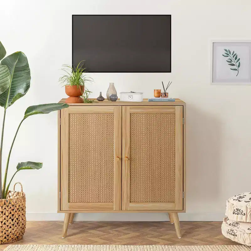 Credenza a Buffet in Rattan con Contenitore, Ripiani Regolabili, Piedini in Legno, Mobiletto Contenitore per Ingresso, per Sala da Pranzo, Corridoio, Ingresso