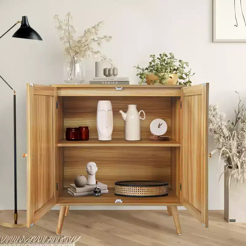 Credenza a Buffet in Rattan con Contenitore, Ripiani Regolabili, Piedini in Legno, Mobiletto Contenitore per Ingresso, per Sala da Pranzo, Corridoio, Ingresso