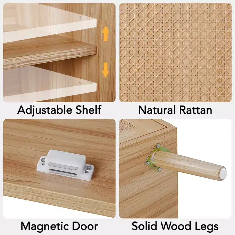 Credenza a Buffet in Rattan con Contenitore, Ripiani Regolabili, Piedini in Legno, Mobiletto Contenitore per Ingresso, per Sala da Pranzo, Corridoio, Ingresso