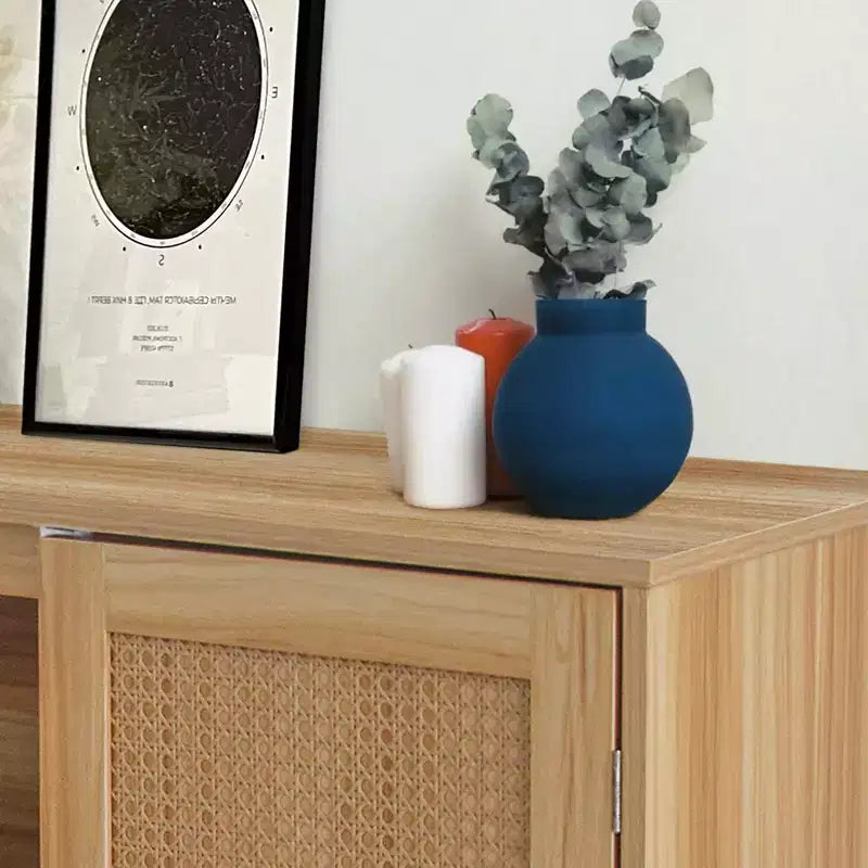 Credenza a Buffet in Rattan con Contenitore, Ripiani Regolabili, Piedini in Legno, Mobiletto Contenitore per Ingresso, per Sala da Pranzo, Corridoio, Ingresso