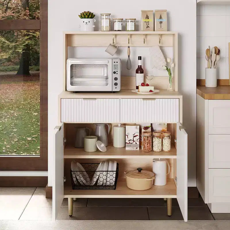 Credenza a buffet da 48 pollici, mobile bar fluted con 2 cassetti e ripiani regolabili, consolle in legno, armadietto da cucina