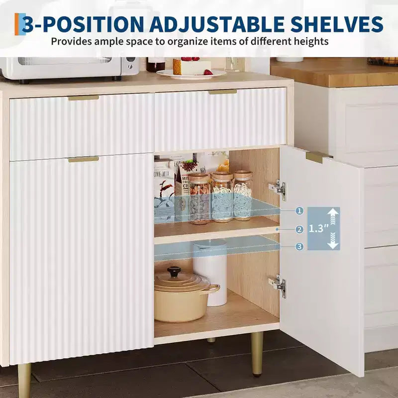 Credenza a buffet da 48 pollici, mobile bar fluted con 2 cassetti e ripiani regolabili, consolle in legno, armadietto da cucina