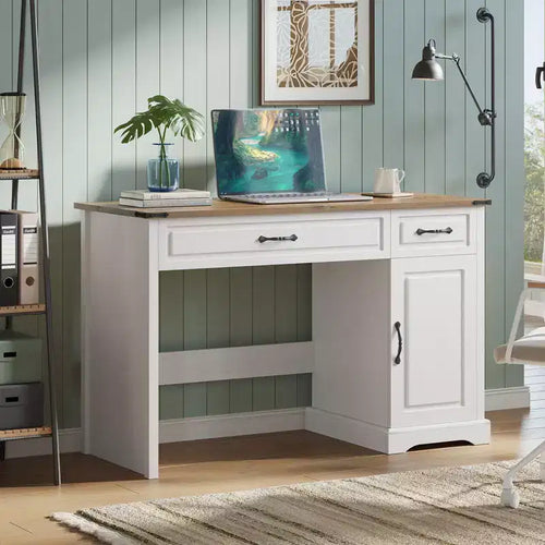 Scrivania direzionale da fattoria 47, scrivania rustica per ufficio con cassetti e armadietto, scrivania per computer in legno, workstation per scrittura, bianco antico