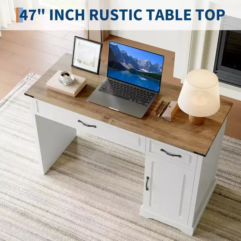 Scrivania direzionale da fattoria 47, scrivania rustica per ufficio con cassetti e armadietto, scrivania per computer in legno, workstation per scrittura, bianco antico