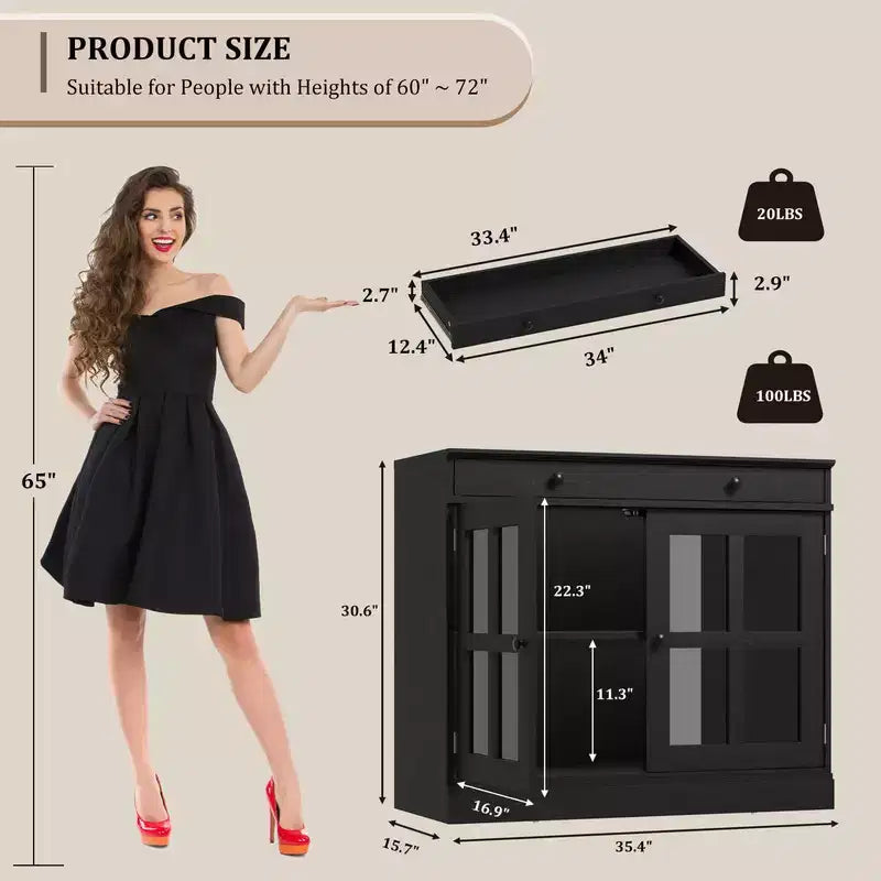 35.4 Mobile Buffet Credenza con Anta in Vetro, Mobile Contenitore con Cassetto, Buffet & Credenza per Sala da Pranzo, Cucina, Soggiorno