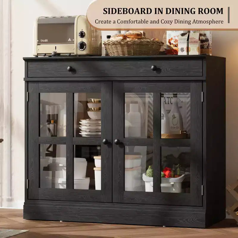 35.4 Mobile Buffet Credenza con Anta in Vetro, Mobile Contenitore con Cassetto, Buffet & Credenza per Sala da Pranzo, Cucina, Soggiorno
