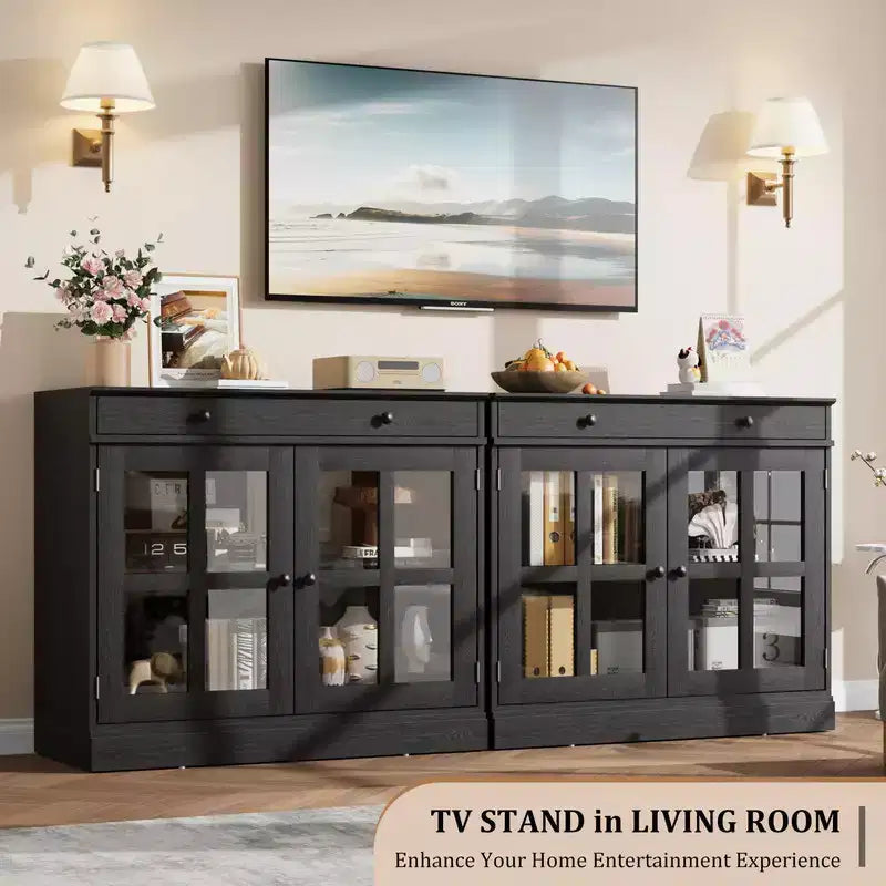 35.4 Mobile Buffet Credenza con Anta in Vetro, Mobile Contenitore con Cassetto, Buffet & Credenza per Sala da Pranzo, Cucina, Soggiorno