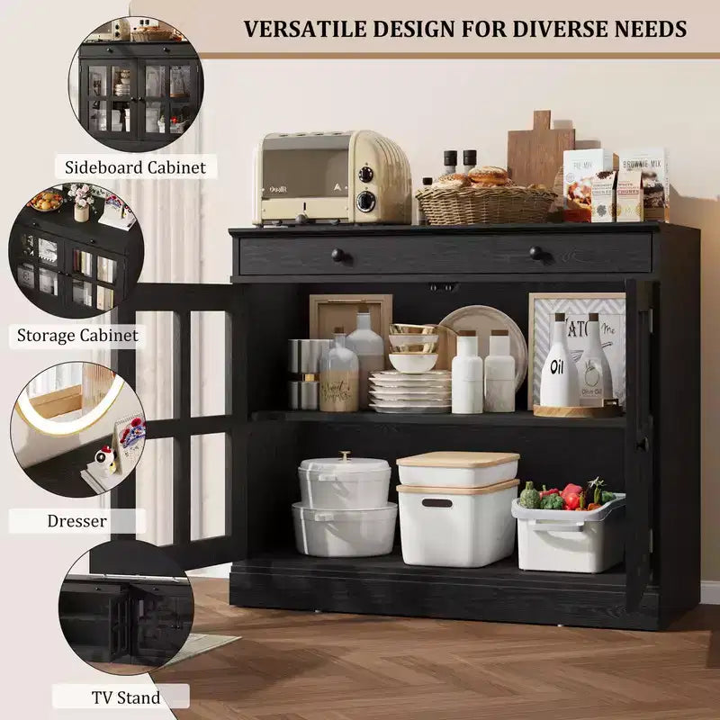 35.4 Mobile Buffet Credenza con Anta in Vetro, Mobile Contenitore con Cassetto, Buffet & Credenza per Sala da Pranzo, Cucina, Soggiorno