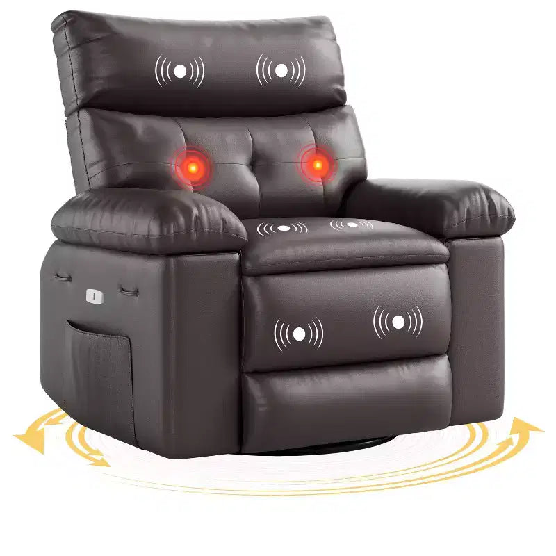 Fauteuil de massage électrique pivotant, inclinable et berçant avec vibrations et fonction de chauffage, port USB, fauteuil de relaxation en similicuir surdimensionné pour salon
