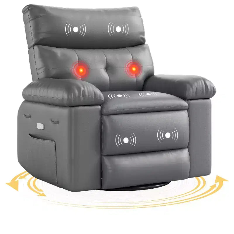 Fauteuil de massage électrique pivotant, inclinable et berçant avec vibrations et fonction de chauffage, port USB, fauteuil de relaxation en similicuir surdimensionné pour salon