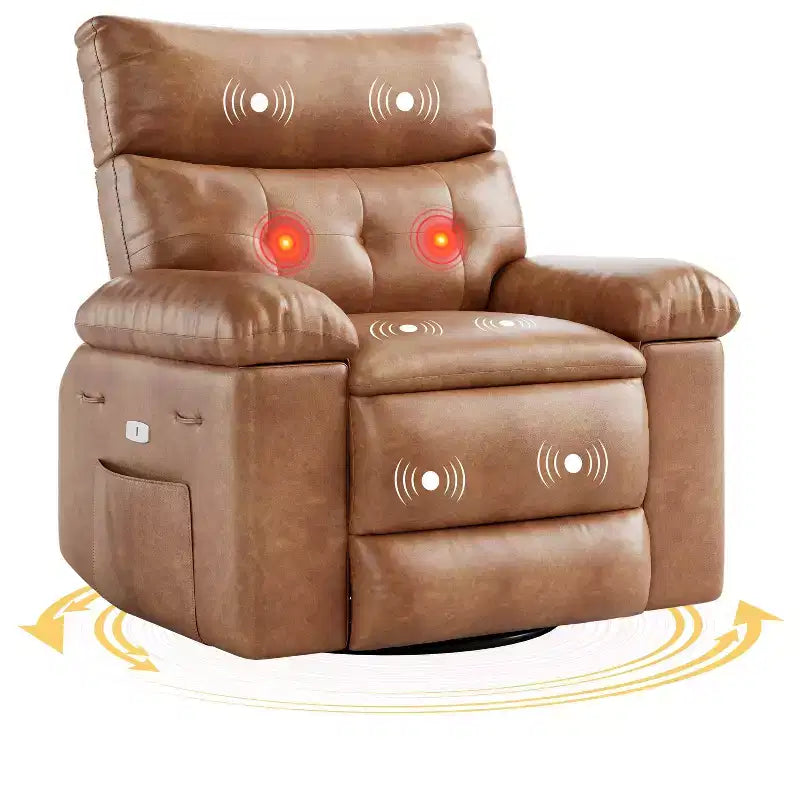 Fauteuil de massage électrique pivotant, inclinable et berçant avec vibrations et fonction de chauffage, port USB, fauteuil de relaxation en similicuir surdimensionné pour salon
