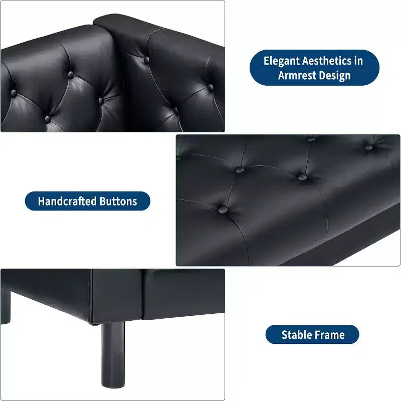 Divano Chesterfield a 3 Posti in Similpelle, Realizzato a Mano con Bottoni Trapuntati, Seduta Profonda e 2 Cuscini, Braccioli Arrotondati, per Soggiorno, Appartamento