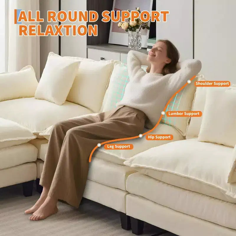 112.2 Divano Sezionale a U "Cloud Couch", Divano Sezionale Modulare con Pouf Mobile, Divano a 3 Posti in ciniglia con Seduta Profonda, Beige