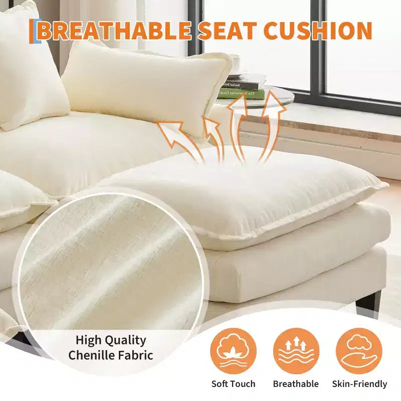 112.2 Divano Sezionale a U "Cloud Couch", Divano Sezionale Modulare con Pouf Mobile, Divano a 3 Posti in ciniglia con Seduta Profonda, Beige