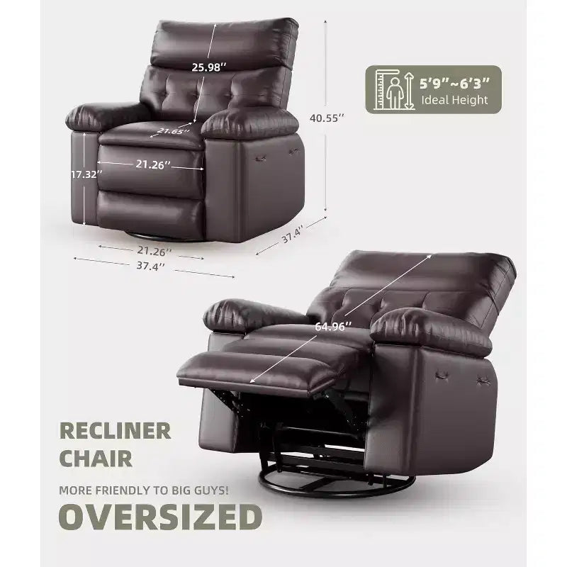 Acekool Poltrona reclinabile manuale oversize, poltrona in similpelle con cuscino spesso per soggiorno e camera da letto, spaziosa e comoda