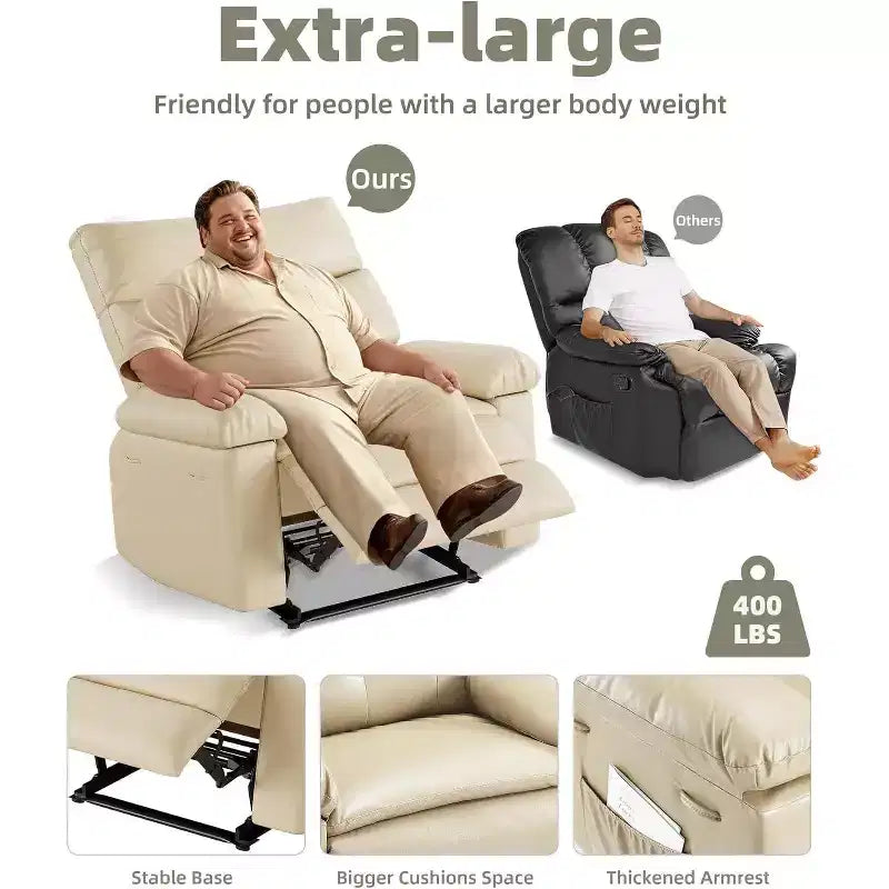 Acekool Poltrona reclinabile manuale oversize, poltrona in similpelle con cuscino spesso per soggiorno e camera da letto, spaziosa e comoda