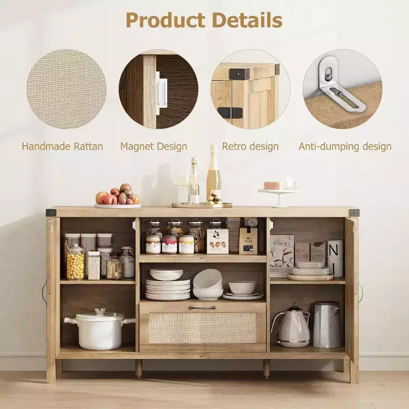 Acekool 47.2'' Mobile Buffet in Rattan, Credenza con Ante, Cassetto e Ripiano Regolabile, Contenitore Bar per Caffè Bohemien per Cucina e Soggiorno, Colore Legno