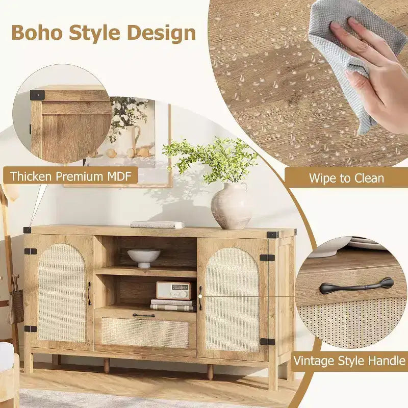 Acekool 47.2'' Mobile Buffet in Rattan, Credenza con Ante, Cassetto e Ripiano Regolabile, Contenitore Bar per Caffè Bohemien per Cucina e Soggiorno, Colore Legno