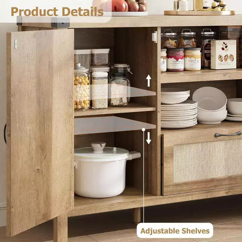 Acekool 47.2'' Mobile Buffet in Rattan, Credenza con Ante, Cassetto e Ripiano Regolabile, Contenitore Bar per Caffè Bohemien per Cucina e Soggiorno, Colore Legno