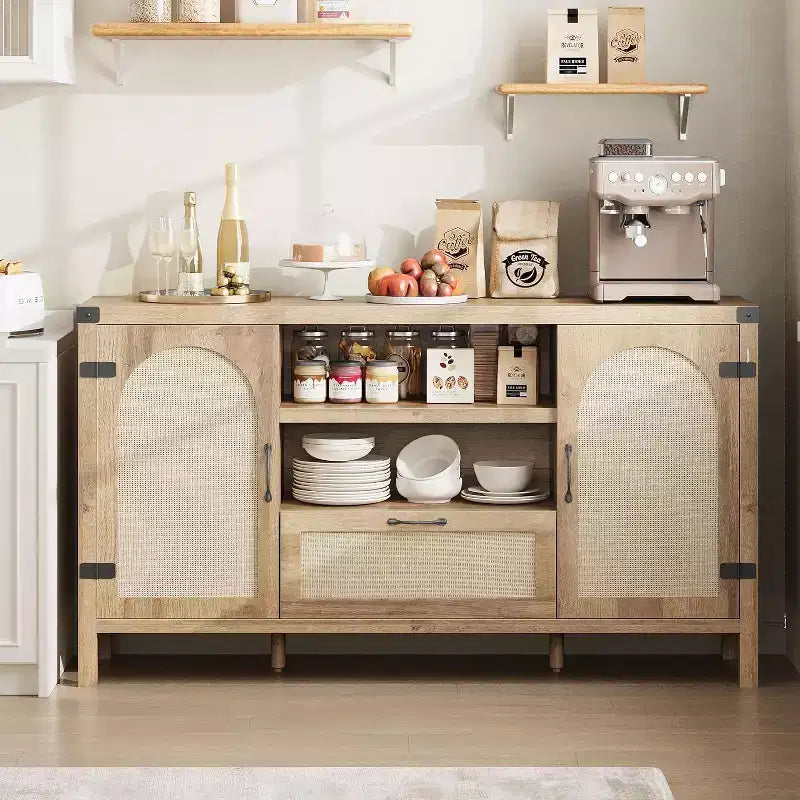 Acekool 47.2'' Mobile Buffet in Rattan, Credenza con Ante, Cassetto e Ripiano Regolabile, Contenitore Bar per Caffè Bohemien per Cucina e Soggiorno, Colore Legno