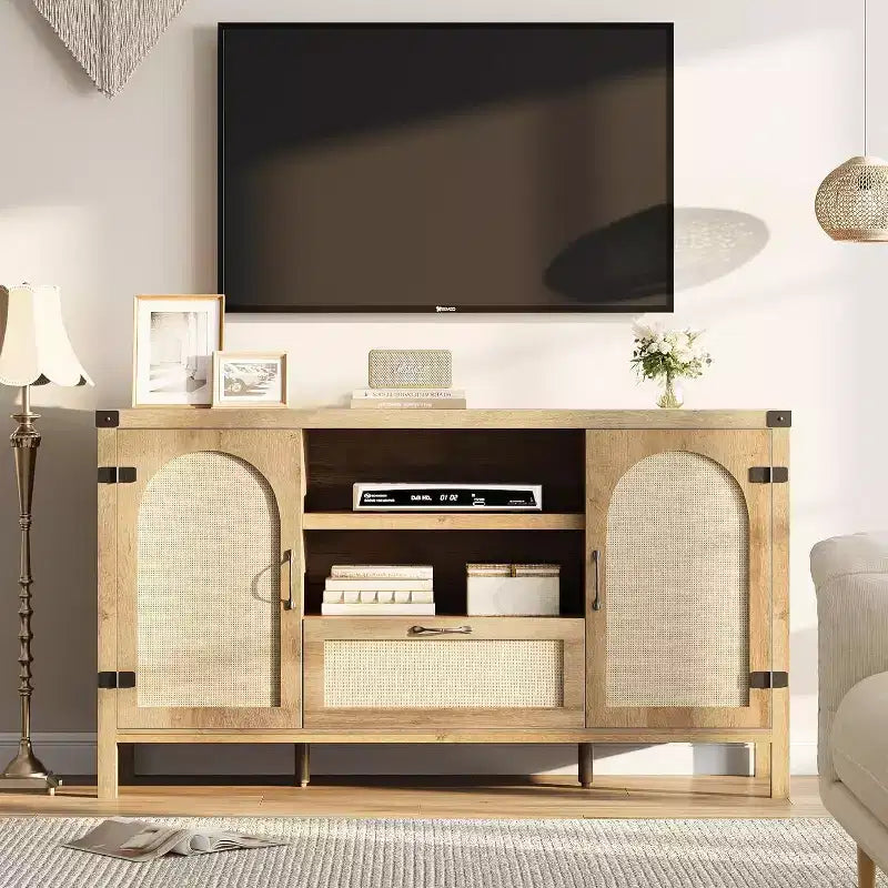 Acekool 47.2'' Mobile Buffet in Rattan, Credenza con Ante, Cassetto e Ripiano Regolabile, Contenitore Bar per Caffè Bohemien per Cucina e Soggiorno, Colore Legno
