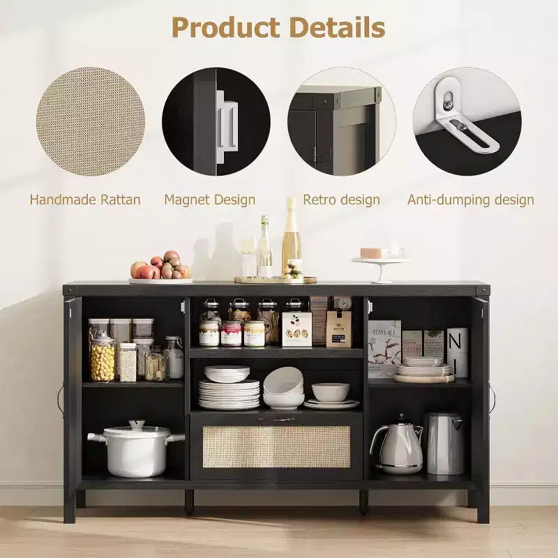Acekool 47.2'' Mobile Buffet in Rattan, Credenza con Ante, Cassetto e Ripiano Regolabile, Contenitore Bar per Caffè Bohemien per Cucina e Soggiorno, Colore Legno