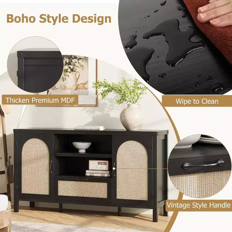 Acekool 47.2'' Mobile Buffet in Rattan, Credenza con Ante, Cassetto e Ripiano Regolabile, Contenitore Bar per Caffè Bohemien per Cucina e Soggiorno, Colore Legno