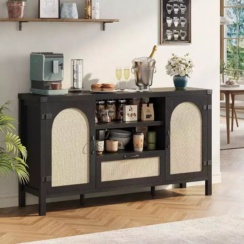 Acekool 47.2'' Mobile Buffet in Rattan, Credenza con Ante, Cassetto e Ripiano Regolabile, Contenitore Bar per Caffè Bohemien per Cucina e Soggiorno, Colore Legno