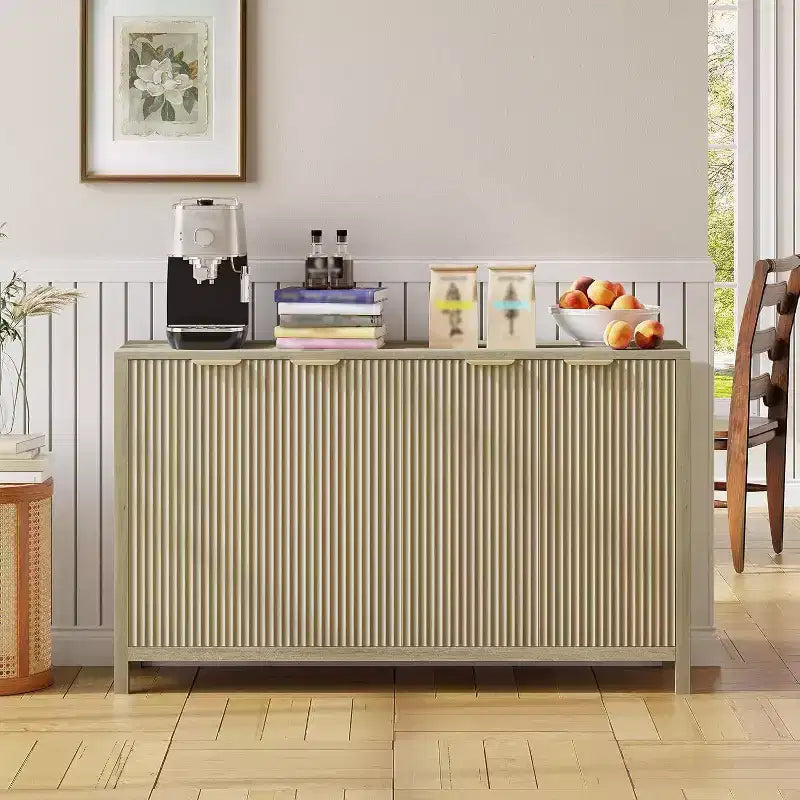Acekool Fluted Sideboard Buffet Cabinet, Modern 4-Door Storage with Adjustable Shelves for Kitchen, Dining, Living Room, or Entryway