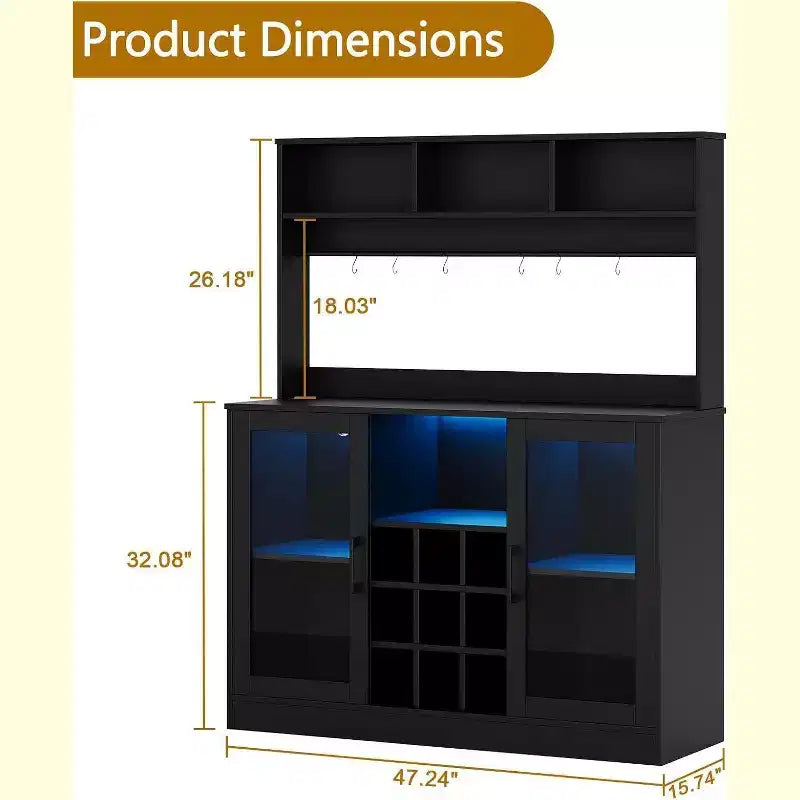 Mobile buffet bar Acekool con presa di corrente, ripiani regolabili, ganci, credenza contenitore per cucina sala da pranzo, nero