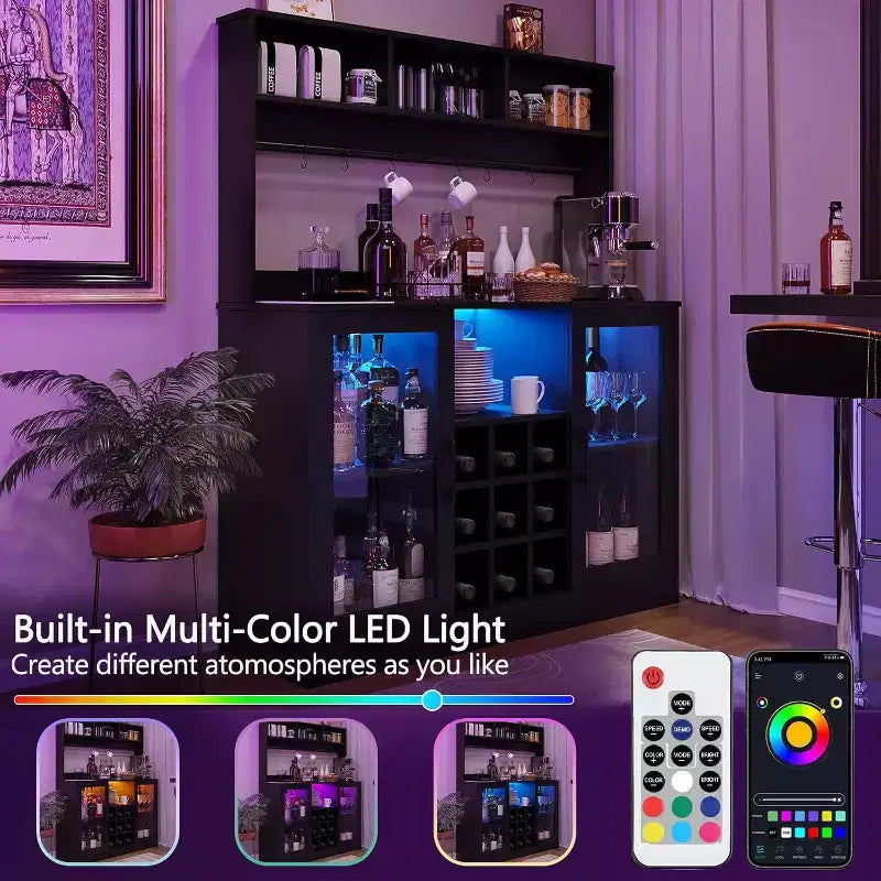 Mobile buffet bar Acekool con presa di corrente, ripiani regolabili, ganci, credenza contenitore per cucina sala da pranzo, nero