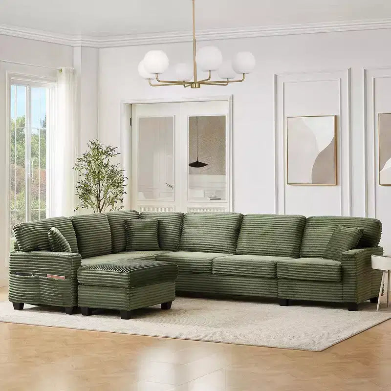 Divano sezionale Whisen in velluto a coste con pouf mobile e tasche laterali portaoggetti