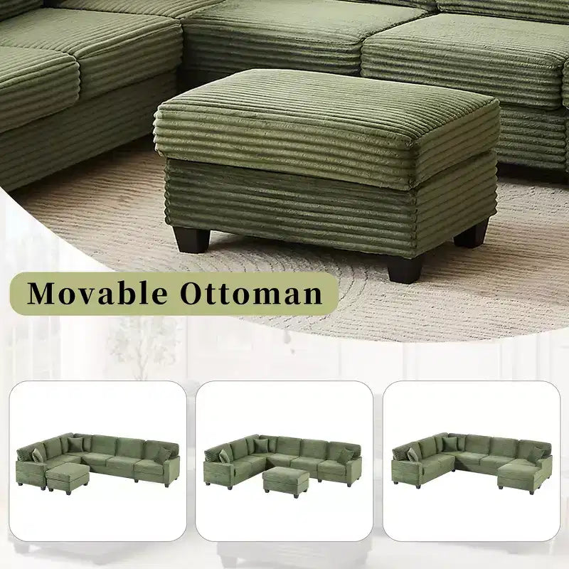Divano sezionale Whisen in velluto a coste con pouf mobile e tasche laterali portaoggetti