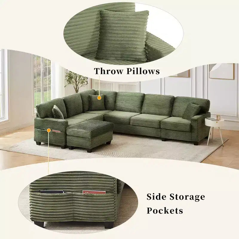 Divano sezionale Whisen in velluto a coste con pouf mobile e tasche laterali portaoggetti