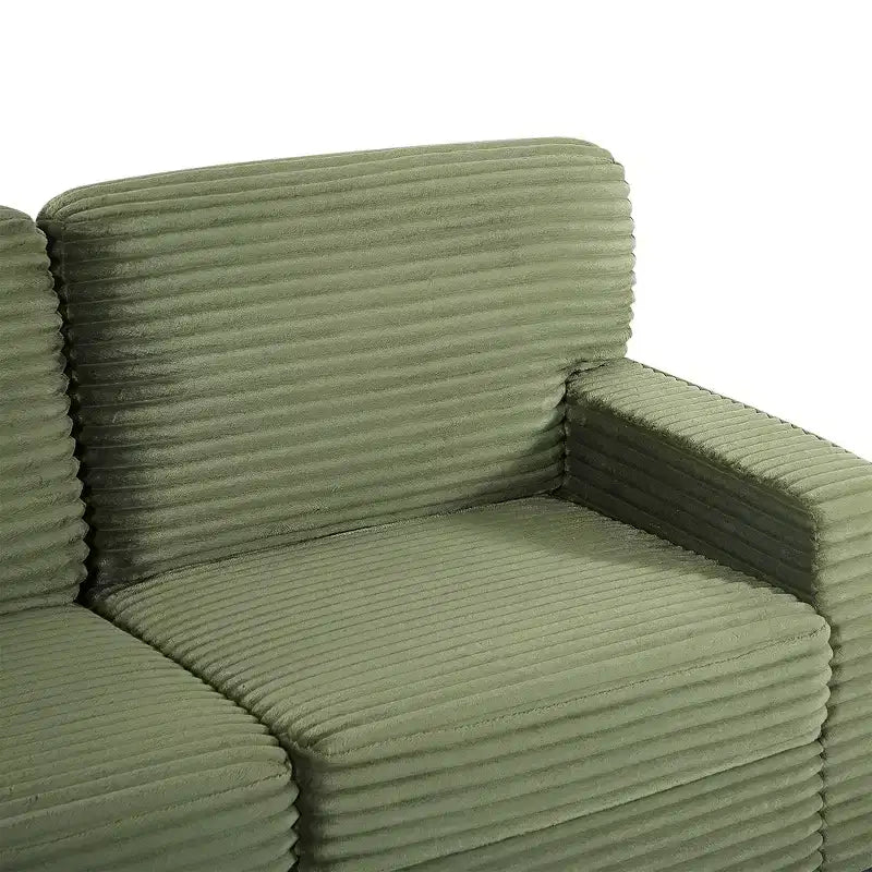 Divano sezionale Whisen in velluto a coste con pouf mobile e tasche laterali portaoggetti