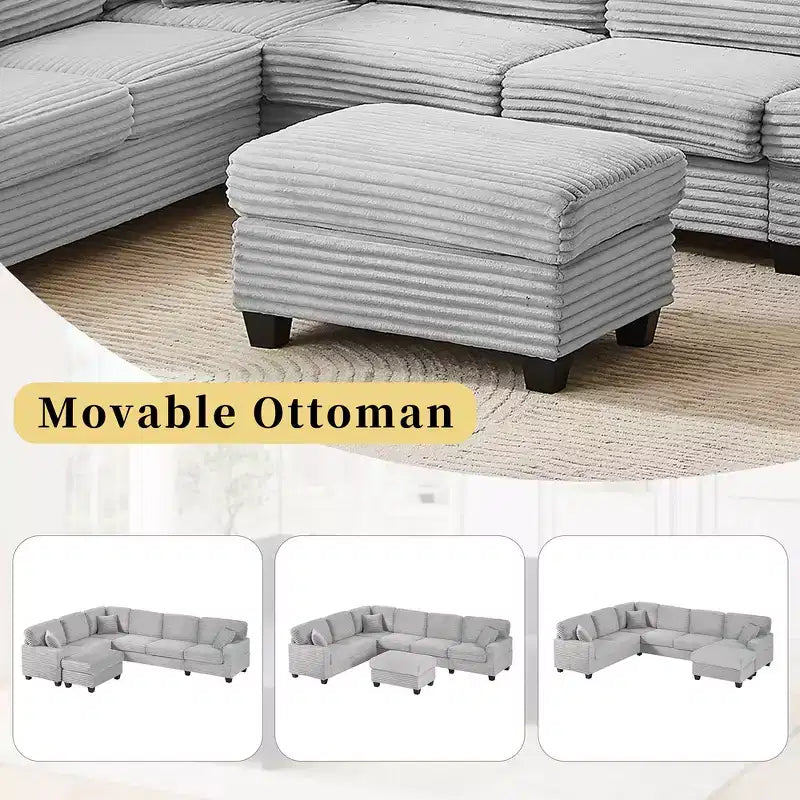 Divano sezionale Whisen in velluto a coste con pouf mobile e tasche laterali portaoggetti