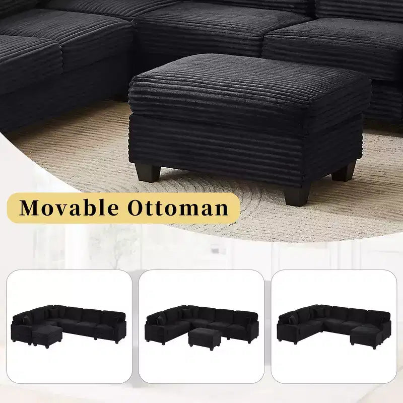 Divano sezionale Whisen in velluto a coste con pouf mobile e tasche laterali portaoggetti