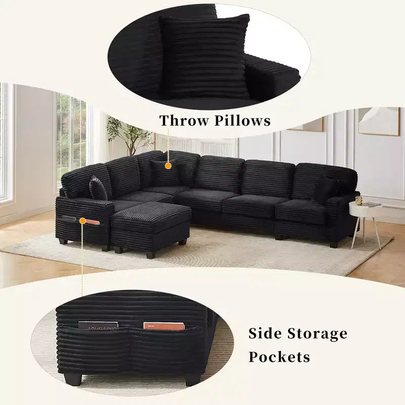 Divano sezionale Whisen in velluto a coste con pouf mobile e tasche laterali portaoggetti