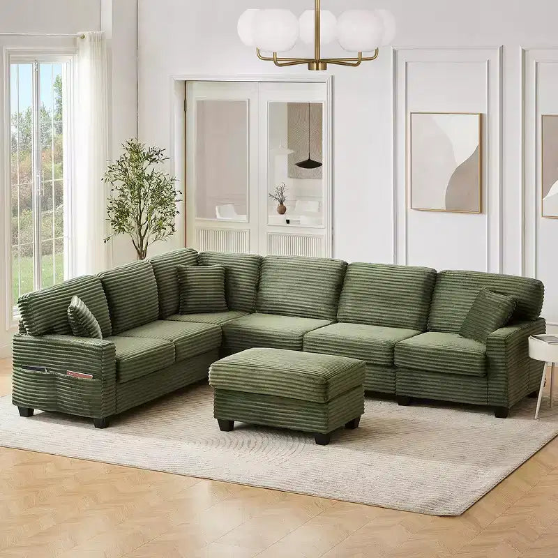 Canapé d'angle en velours côtelé Whisen avec pouf mobile et poches de rangement latérales