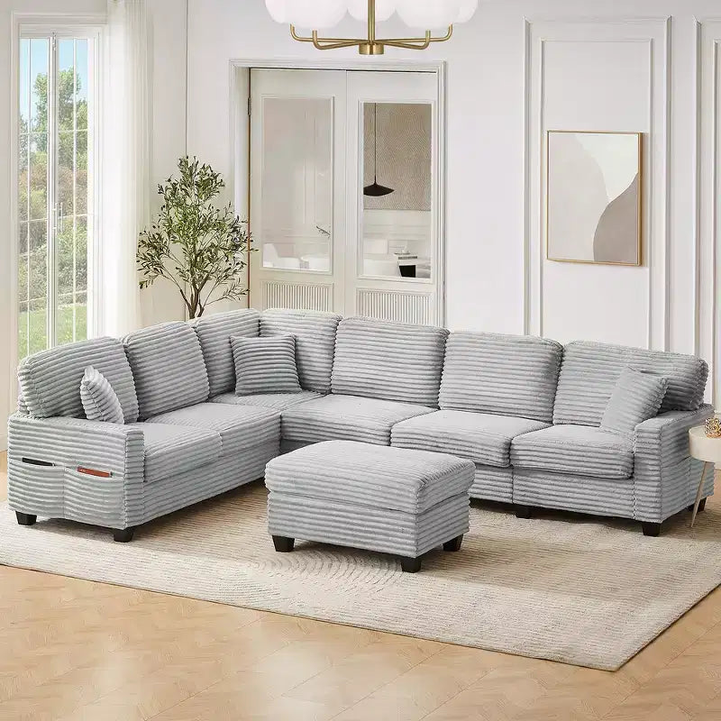 Canapé d'angle en velours côtelé Whisen avec pouf mobile et poches de rangement latérales