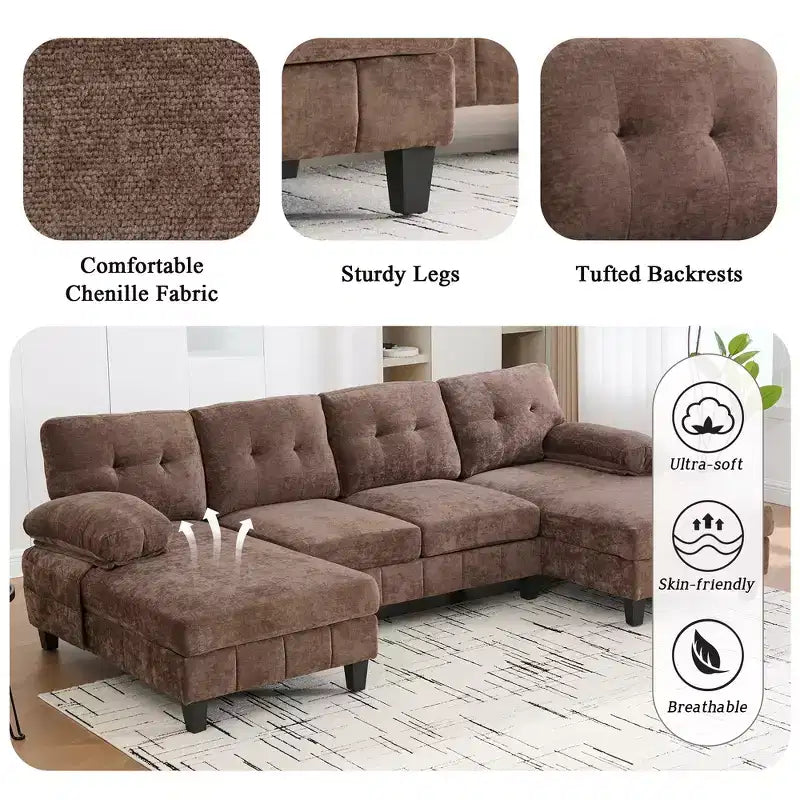 Divano Sezionale a U Whisen in Ciniglia con Doppia Chaise Longue, Tasche Portaoggetti e Cuscini Bracciolo