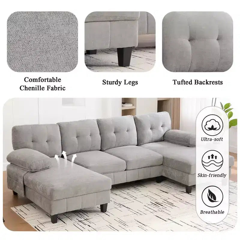 Divano Sezionale a U Whisen in Ciniglia con Doppia Chaise Longue, Tasche Portaoggetti e Cuscini Bracciolo