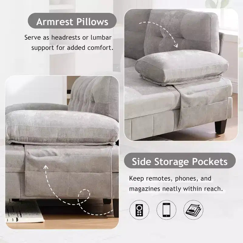 Divano Sezionale a U Whisen in Ciniglia con Doppia Chaise Longue, Tasche Portaoggetti e Cuscini Bracciolo
