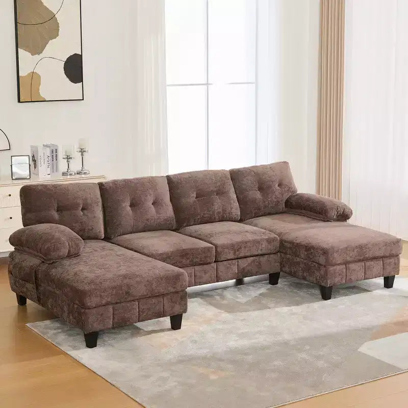 Canapé d'angle en chenille Whisen en U avec deux méridiennes, poches de rangement et oreillers d'accoudoir
